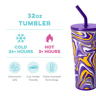A purple and yellow swirled insulated stainless steel tumbler with a straw and lid.