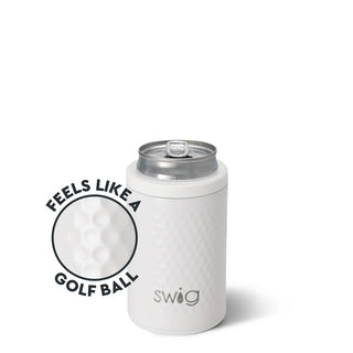 A white SWIG golf ball can and bottle cooler with a textured dimple design, featuring a silicone base and a lid resembling a golf ball.