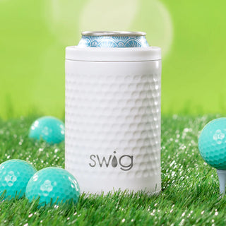 A white SWIG golf ball can and bottle cooler with a textured dimple design, featuring a silicone base and a lid resembling a golf ball.