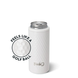 A white golf ball-textured can cooler with a SWIG logo, designed to keep beverages cold and hot.