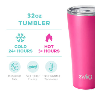 A hot pink 32 oz stainless steel tumbler with a clear silicone base and the brand 'swig' printed on the side.