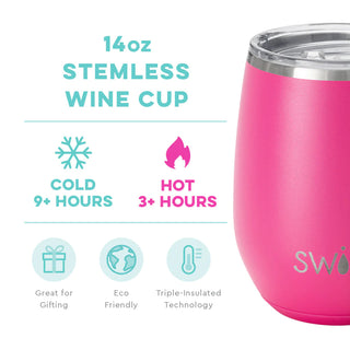 A hot pink colored wine cup with a clear lid, featuring the brand name 'SWIG' on the front.
