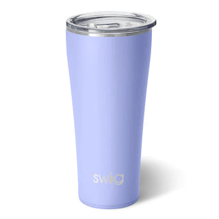A purple SWIG Hydrangea Tumbler with a clear silicone base, holding up to 22oz.