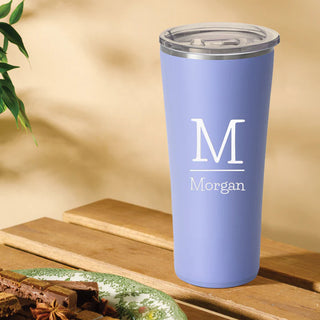 An engraved purple SWIG Hydrangea Tumbler with a clear silicone base, holding up to 22oz.