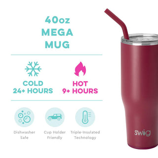 A maroon-colored stainless steel mug with a comfort-grip handle and a flexi-tip straw, featuring the brand name 'SWIG' on the front.