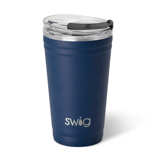A navy-colored 24oz insulated stainless steel party cup with a large clear window and a removable clear lid.