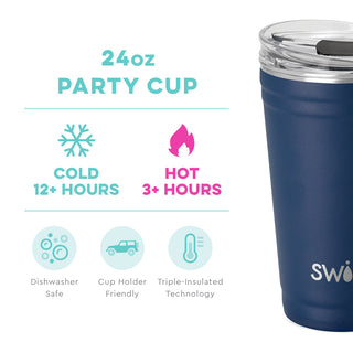 A navy-colored 24oz insulated stainless steel party cup with a large clear window and a removable clear lid.