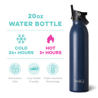 A navy-colored 20oz stainless steel water bottle with a black cap and a straw spout, featuring the brand name 'swig' on the front.