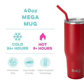 A red stainless steel SWIG mega mug with a comfort-grip handle and a flexi-tip straw.