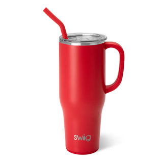 A red stainless steel SWIG mega mug with a comfort-grip handle and a flexi-tip straw.