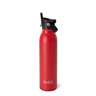Red swig water bottle with black lid on a white background