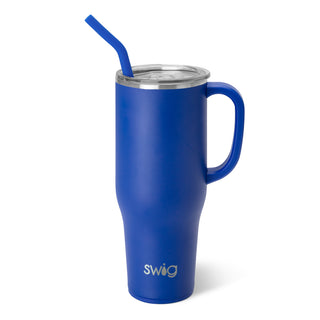 A blue SWIG Royal Mega Mug with a comfort-grip handle and a flexi-tip straw.