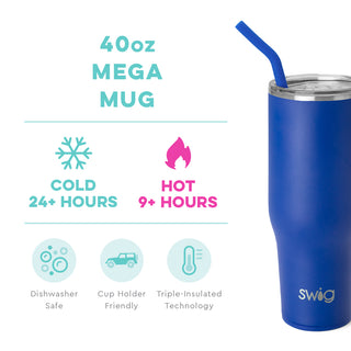 A blue SWIG Royal Mega Mug with a comfort-grip handle and a flexi-tip straw.