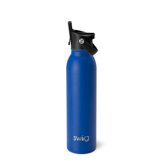 A blue 20oz SWIG stainless steel water bottle with a flip-top lid and an inner straw for sipping on-the-go.