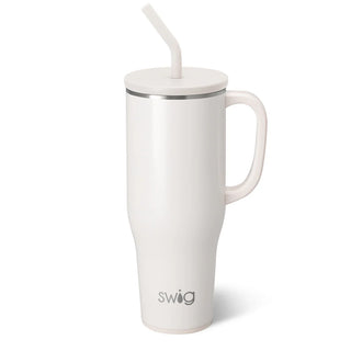 White mug with handle and straw lid on a white background, featuring the 'swig' brand. SWIG Shimmer Pearl Mega Mug 40oz