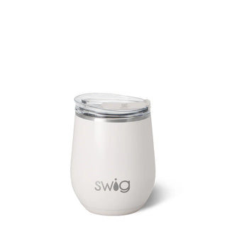 White wine tumbler with lid on a white background, featuring the 'swig' brand. SWIG Shimmer Pearl Wine Cup 12oz