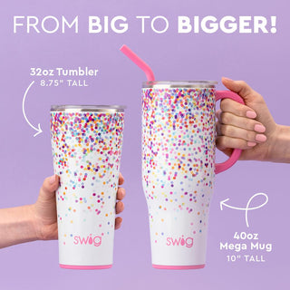 Picture depicts difference between 32 oz and 40 oz Mega Mug