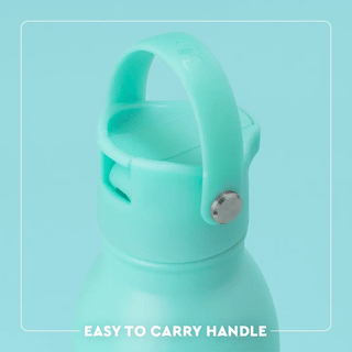 Mint green water bottle with handle on a light blue background