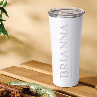 A white SWIG branded 22 oz stainless steel tumbler with a clear lid.