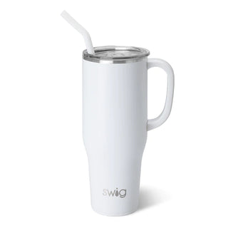 A white SWIG branded stainless steel mega mug with a comfort-grip handle and a straw
