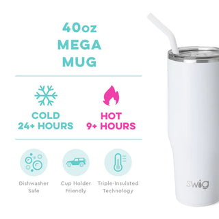 A white SWIG branded stainless steel mega mug with a comfort-grip handle and a straw