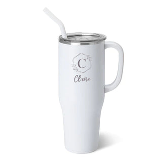 A white SWIG branded stainless steel mega mug with a comfort-grip handle and a straw