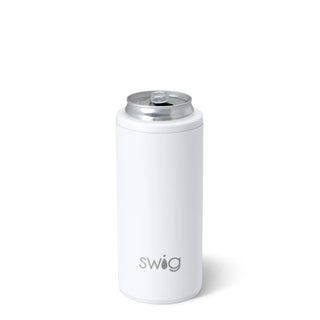 A white SWIG Skinny Can Cooler designed to hold 12oz beverages, featuring a silicone base and a stainless steel construction.
