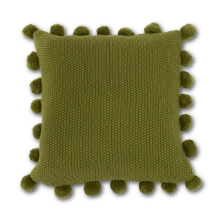 Sage Green Moss Stitch Knit Pillow with Pompom Trim
