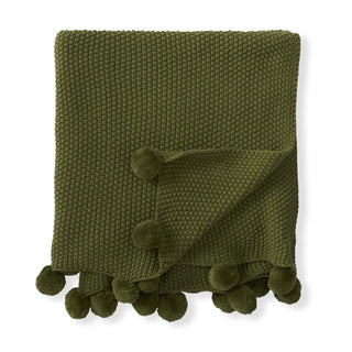 Sage Green Moss Stitch Knit Throw Blanket with Pompom Trim