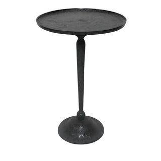 Salon Side Table
A round black metal table with a textured finish, featuring a single pedestal stem and a wide circular base