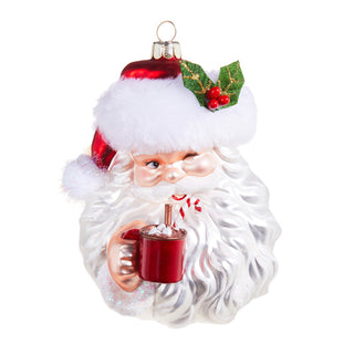 Santa Drinking Cocoa Ornament glass white red green candy cane