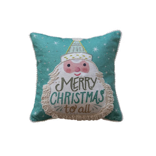 Santa Merry Christmas to All Square Cotton Blend Printed Pillow with Fringe & Pom Pom Trim
