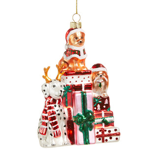 Santa Paws and Presents Ornament green red white pink gold dogs