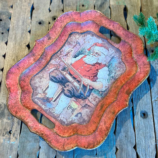 Santa in Workshop Tray  metal red sled sleigh toy handle