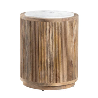 A rectangular end table with a reeded brown mango wood body and a recessed white marble top.