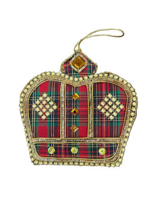 Scottish Plaid Royal Crown Ornament Assorted A decorative tartan ornament with red, green, and yellow plaid fabric, ornate gold embroidered trim, and gold-tone studs