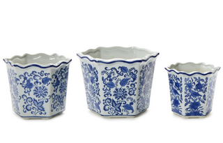 Blue Willow Hand-Painted Blue and White Chinoiserie Floral Hexagon Shape Planters