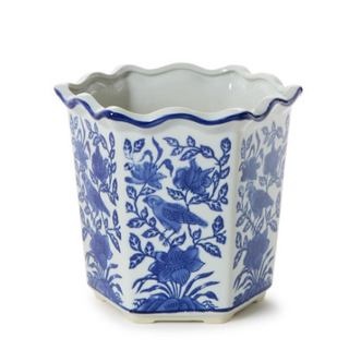 Blue Willow Hand-Painted Blue and White Chinoiserie Floral Hexagon Shape Planters