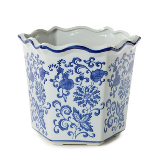 Blue Willow Hand-Painted Blue and White Chinoiserie Floral Hexagon Shape Planters