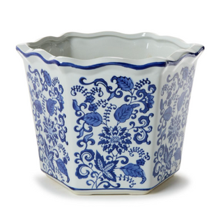 Blue Willow Hand-Painted Blue and White Chinoiserie Floral Hexagon Shape Planters