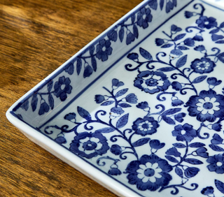 Chinoiserie Hand-Painted Blue and White Floral Tray