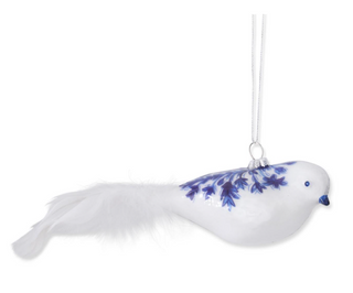 Blue & White Glass Bird Ornament with Feather Tail Assorted