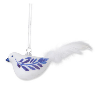 Blue & White Glass Bird Ornament with Feather Tail Assorted