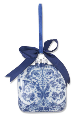 Blue & White Floral Print Square Glass Ornament Assorted