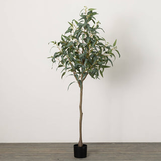 An artificial seeded eucalyptus tree in a black pot, featuring green leaves and a brown trunk, placed against a neutral background.