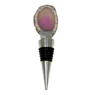 A wine stopper featuring a slice of agate stone with a pinkish hue and patterned edges, set on a metal base with a black rubber stopper. Semi Precious Stone Wine Stopper