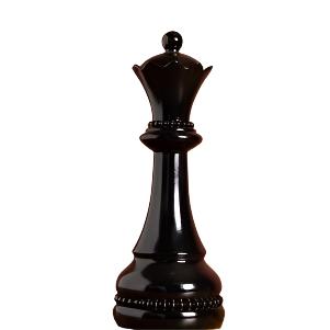 A shiny black chess queen piece against a white background