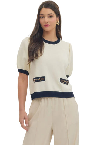 Short Sleeve Sweater with Horse Bit Accent in Cream