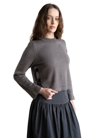 elle grey Side Button Up Detailded Crew Neck Sweater in Charcoal