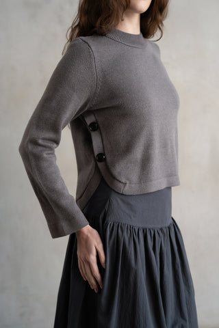 elle grey Side Button Up Detailded Crew Neck Sweater in Charcoal